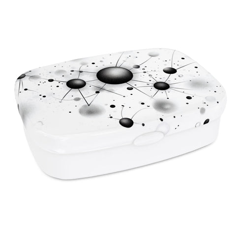 Black Atomic lunch box with retro science pattern, hand-printed in the UK