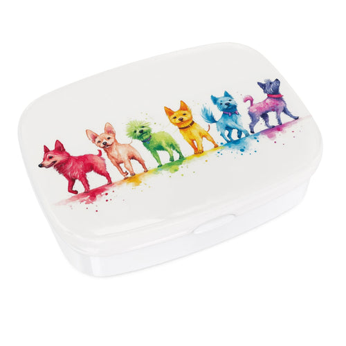 Colourful Dogs lunch box with bright dog artwork, hand-printed in the UK
